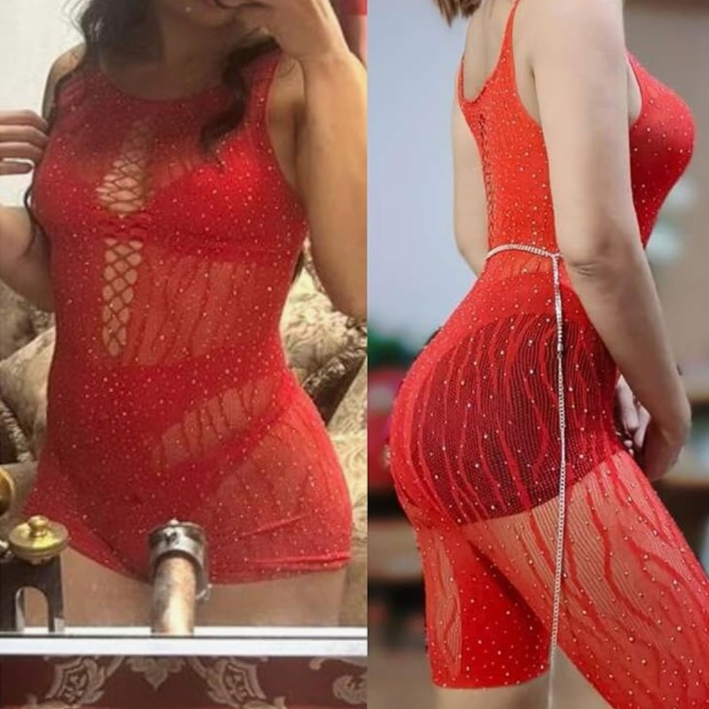 Red Sheer Rhinestone Bodysuit Romper